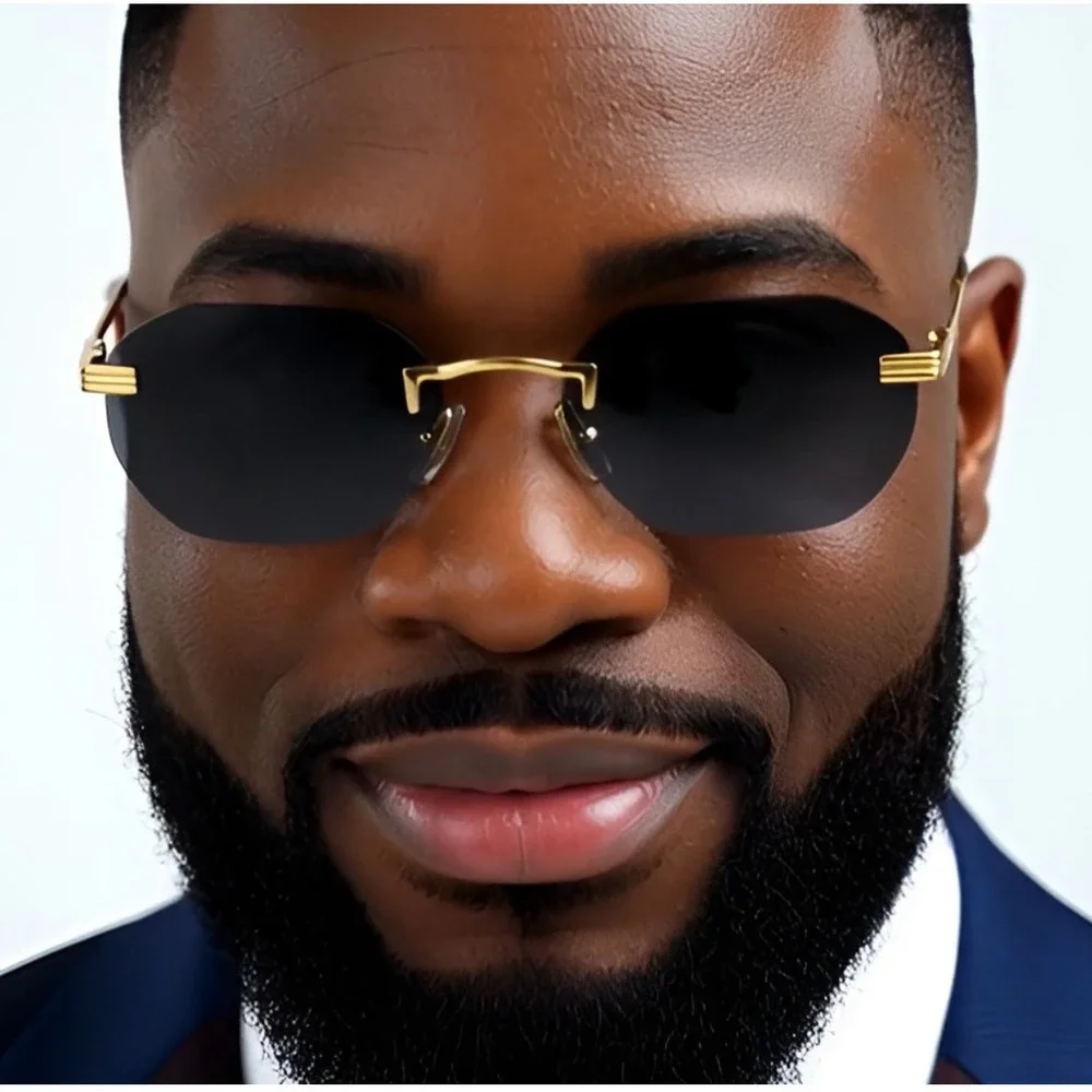 Men's Fashion Shades Rimless Hip Hop Sunglasses Gold Frame Dark Black Lens Gafas